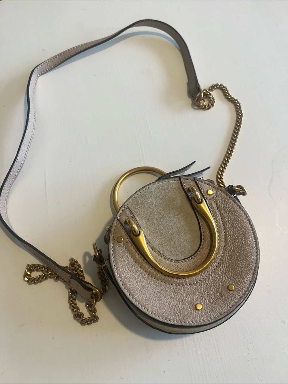 Chloe Beige Round Mini Pixi Crossbody with Gold Hardware